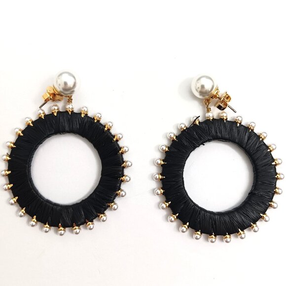 Kate Spade New York Francesca Raffia Wrapped Drop Hoop Faux Pearl Earrings - Picture 2 of 3